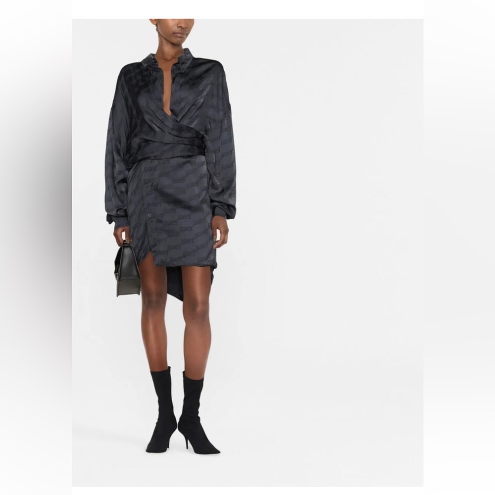 New Balenciaga Black Satin Logo Jacquard Asymmetrical Wrap Dress 42